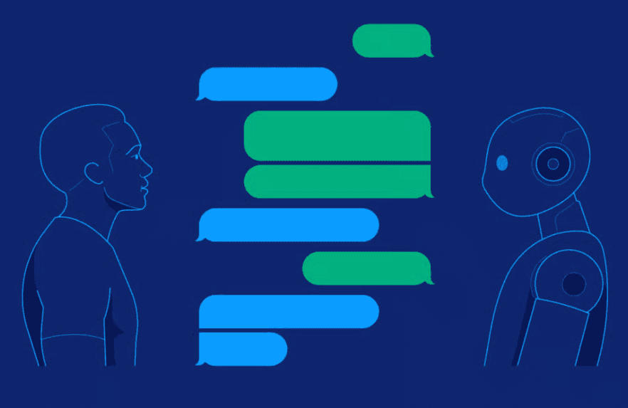 Illustration of a person and a robot facing each other across a conversation of chat bubbles