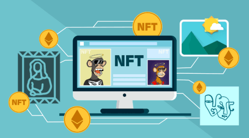 Illustration of an NFT marketplace on a computer screen, linked to artworks and Ethereum coins