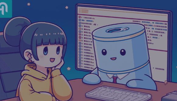 Illustration of a girl at her desk chatting with a friendly database character in front of a screen of code